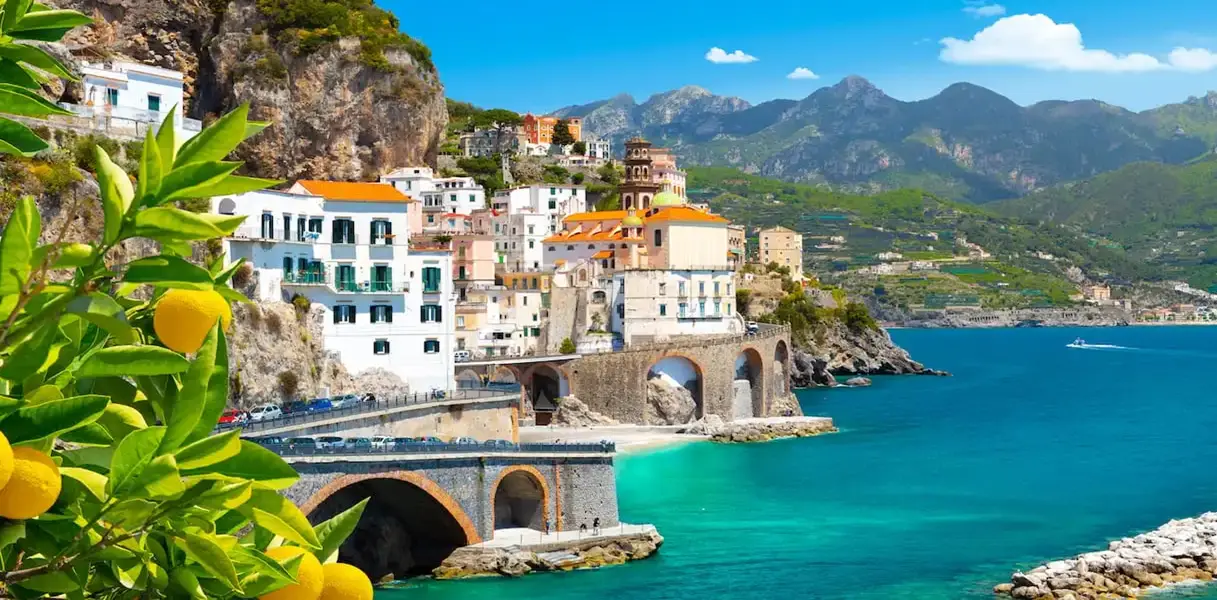Amalfi view 1 Panoramic view from Ravello featuring the iconic umbrella pine tree overlooking the deep blue sea of the Amalfi Coast. A famous sightseeing stop near Amalfi.