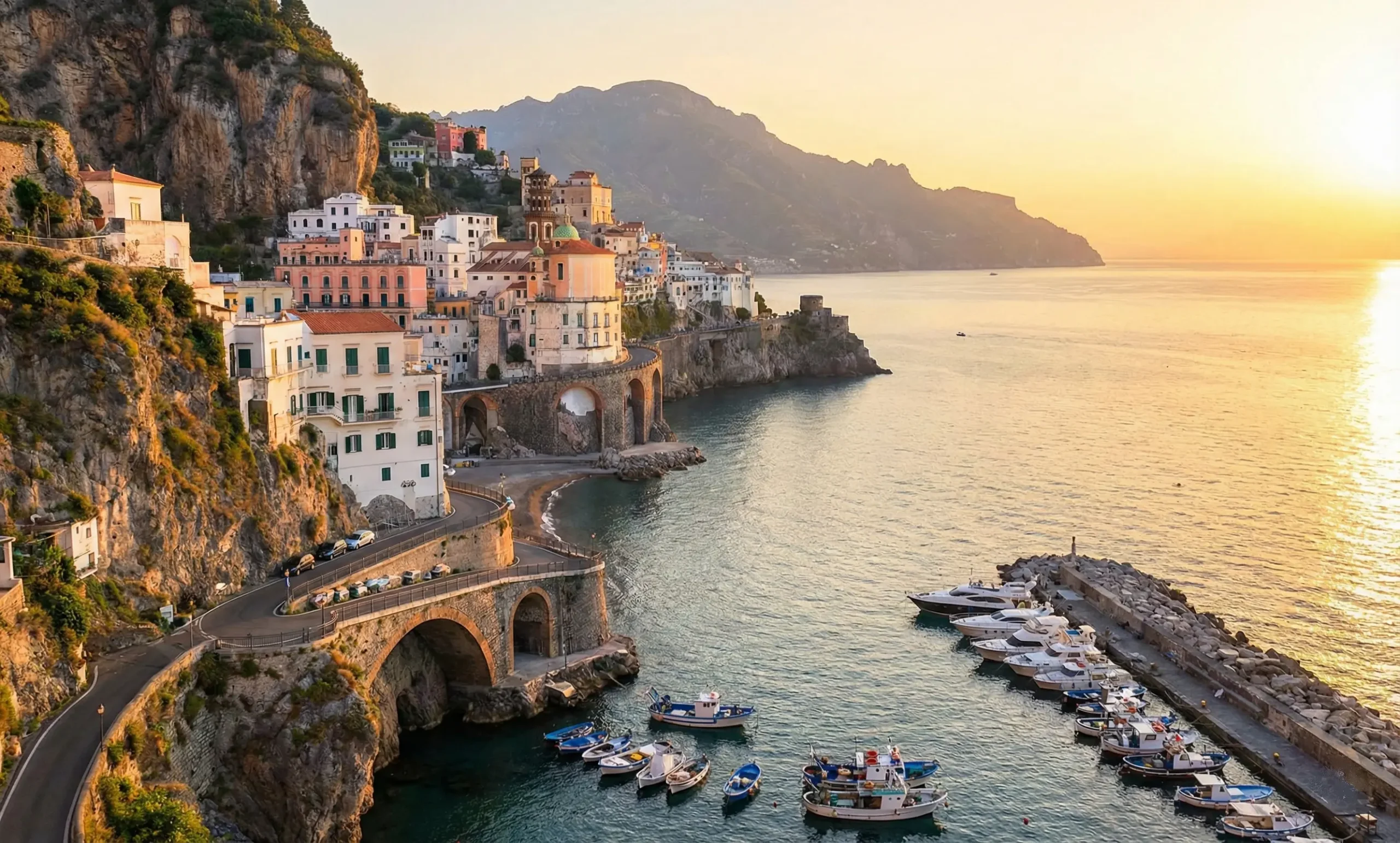 Amalfi view from high Gemini ha detto A panoramic sunset view of the coastal town of Amalfi, Italy, showing colorful buildings on cliffs, boats in the harbor, and a winding road.