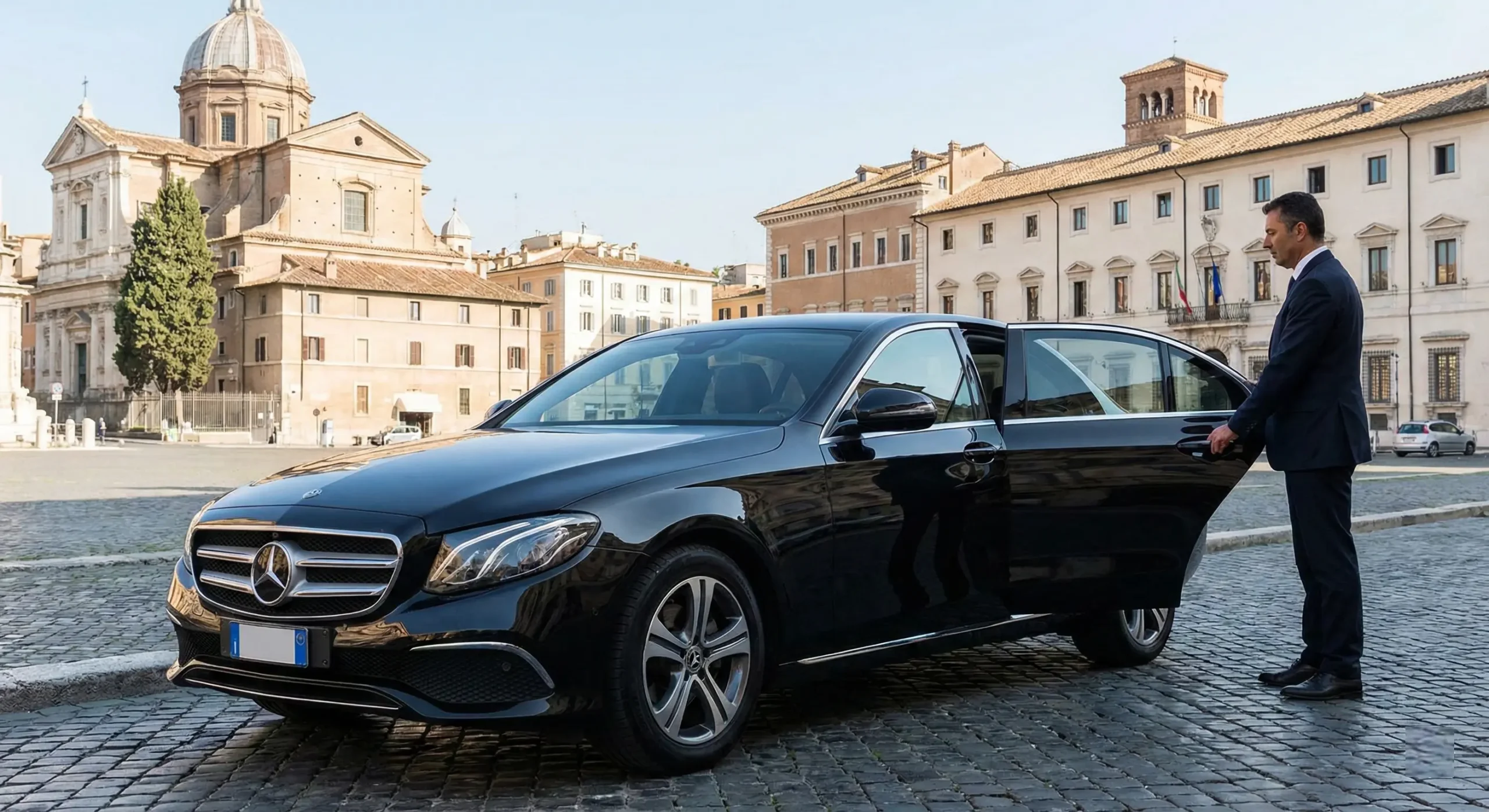 Mercedes E-Class Luxury Sedan for Private Transfers Rome A black Mercedes-Benz E-Class sedan with a private driver standing next to it, ready for a transfer service in Rome. Ideal for couples.