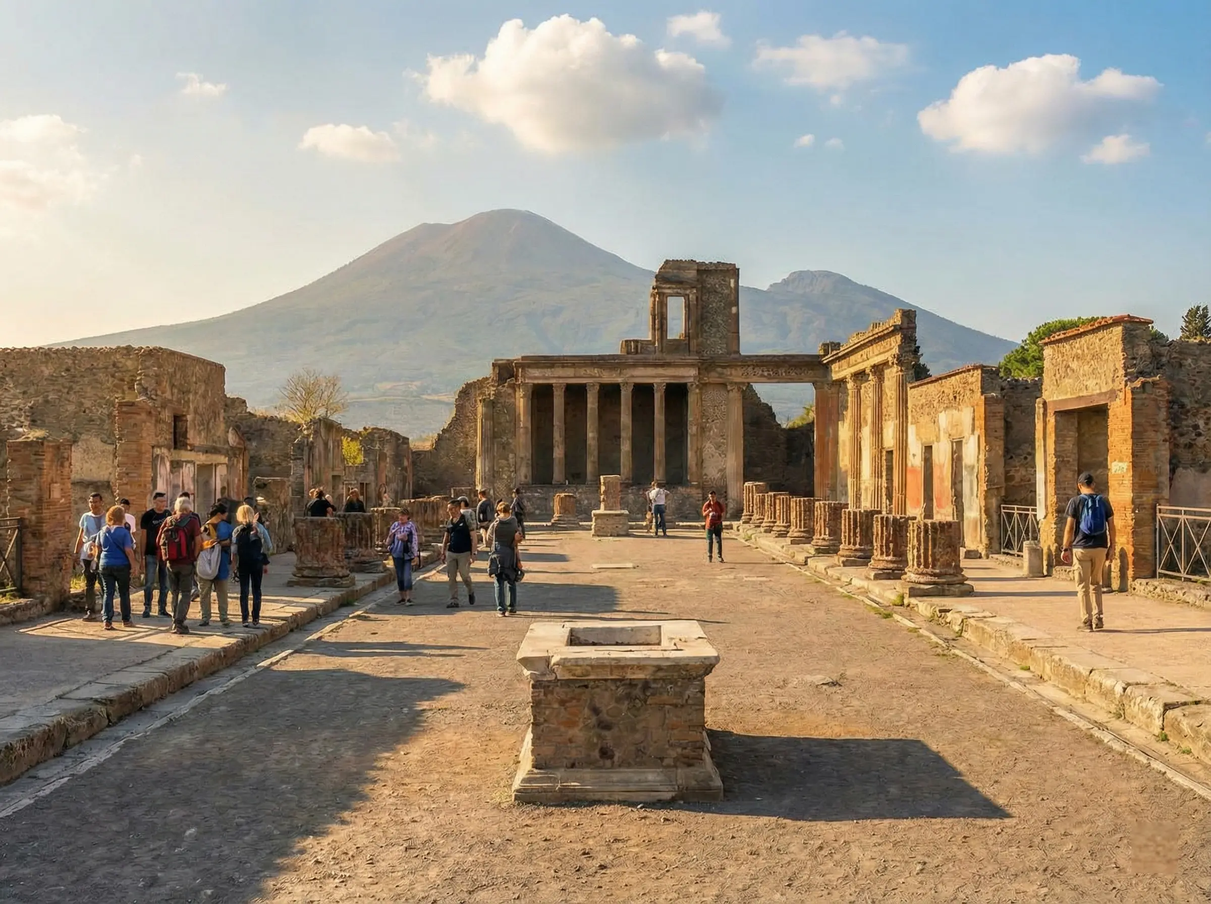 Pompeii Ruins Stopover during Rome to Amalfi Transfer Ancient Roman columns in Pompeii with Mount Vesuvius in the background, a popular stop during private transfers from Rome to Amalfi Coast.
