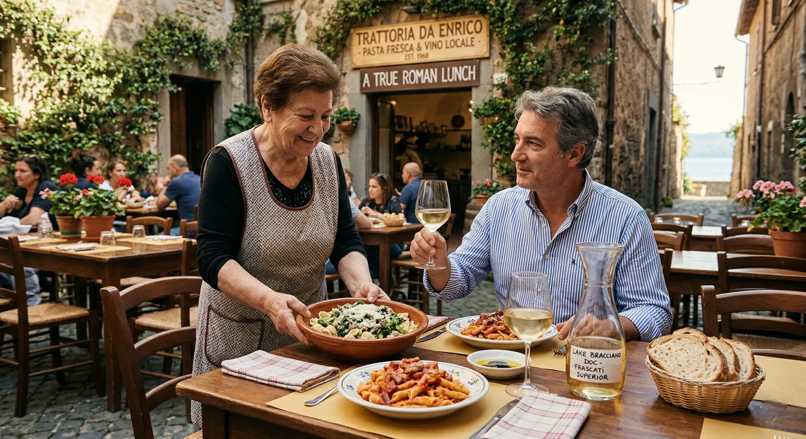 a bustling authentic Trattoria courtyard lunch in Anguillara Sabazia scaled